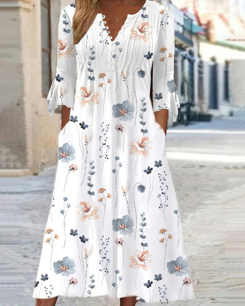 Robe Midi en Mélange de Coton Fleuri