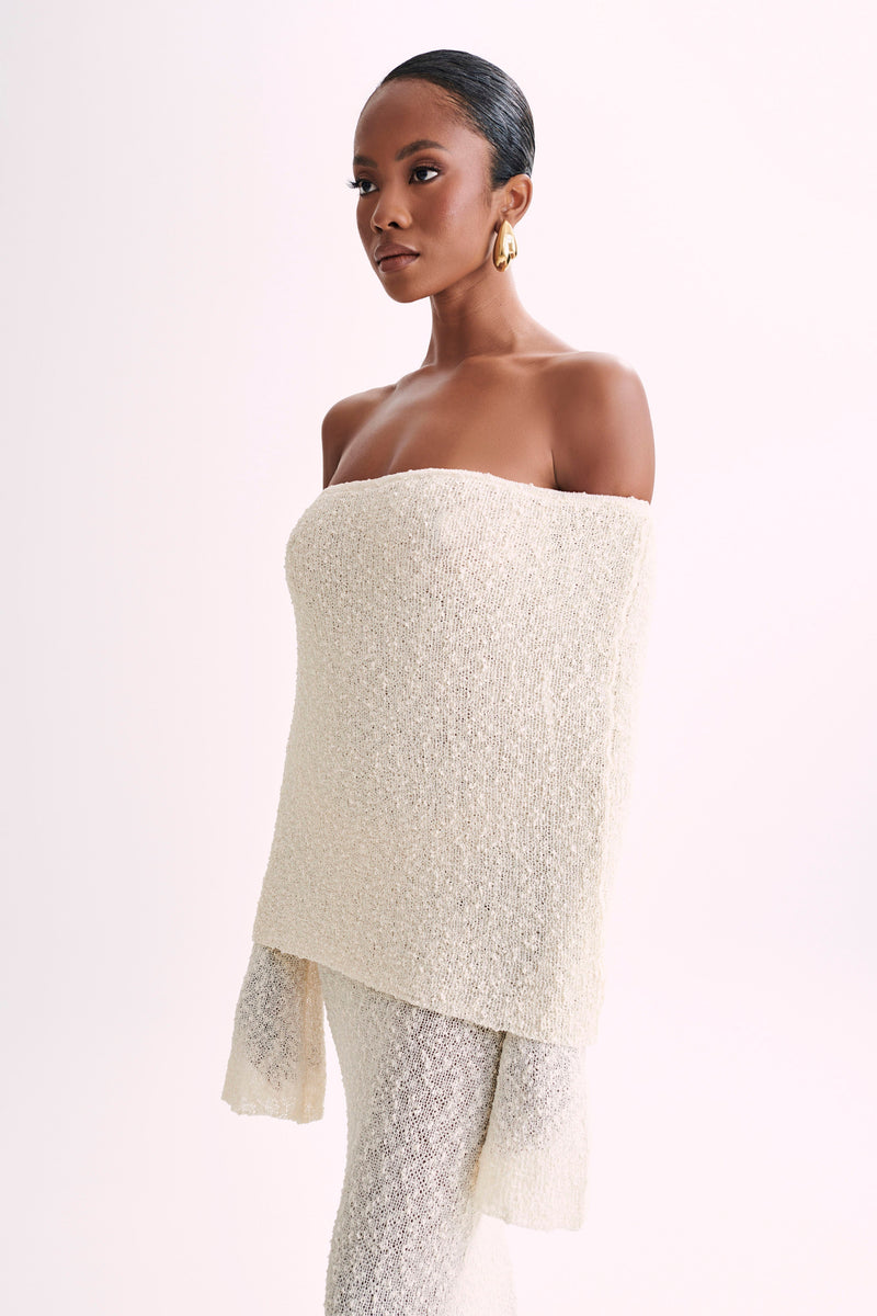 Robe Maxi Bouclé Épaule Dénudée Élégante et Confortable