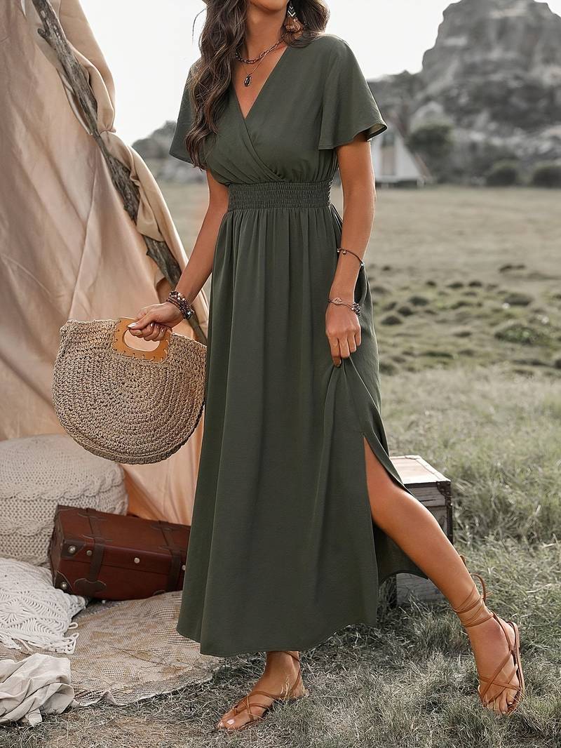 Robe longue bohème élégante à col en V – Chic et confort pour toutes les occasions