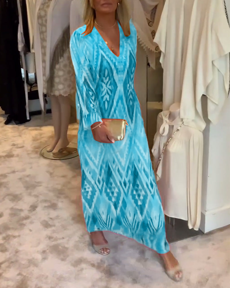 Robe longue élégante avec motif géométrique rétro