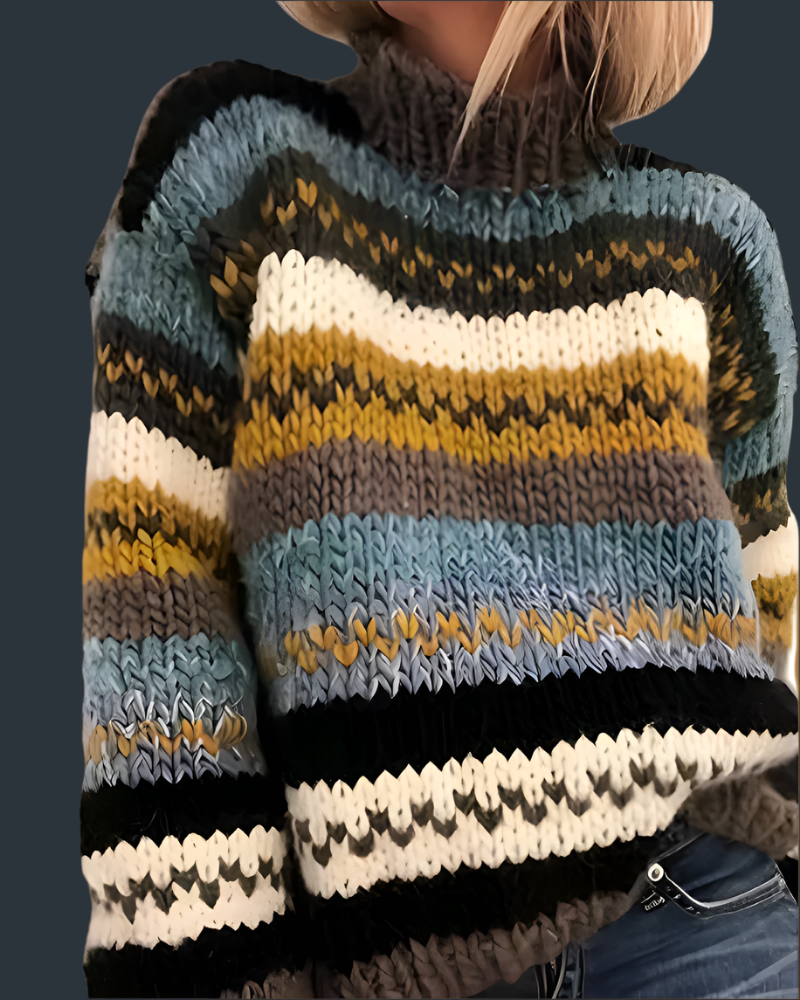 Une personne porte un élégant pull rayé multicolore dOlivias Boutique sur fond sombre. Le « Pull élégant et confortable pour une allure quotidienne » présente un design intemporel, offrant un confort supérieur. La vue les capture des épaules à la taille.