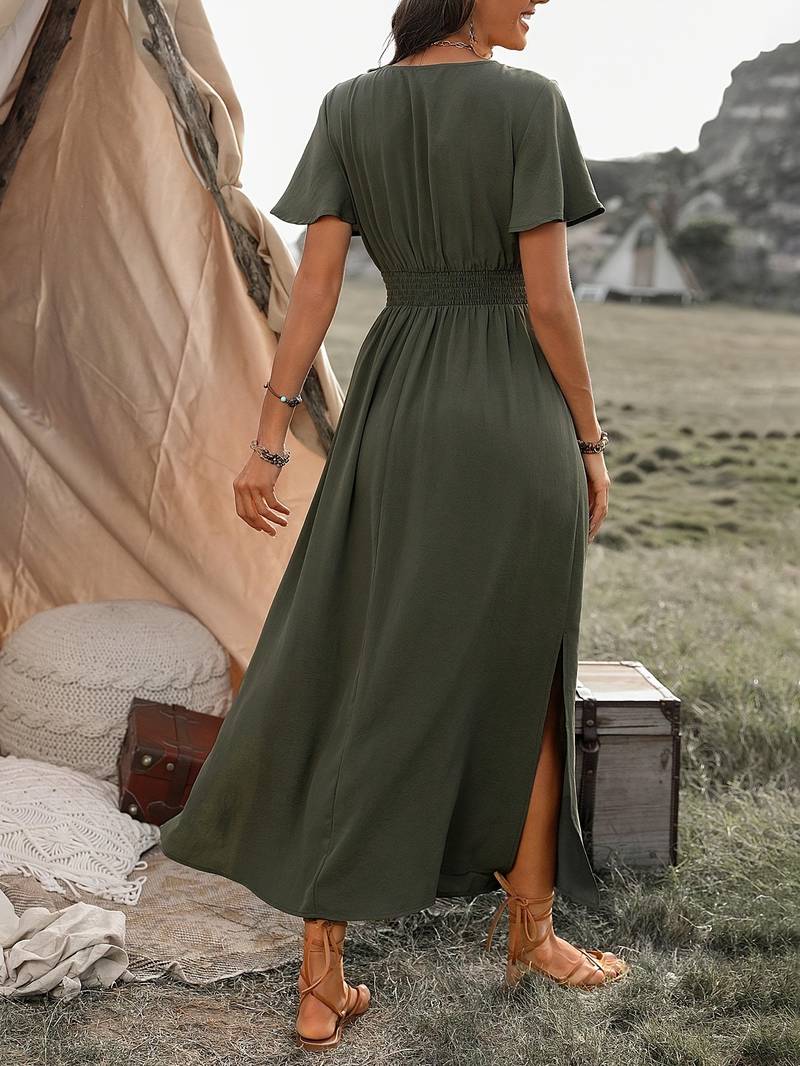 Robe longue bohème élégante à col en V – Chic et confort pour toutes les occasions