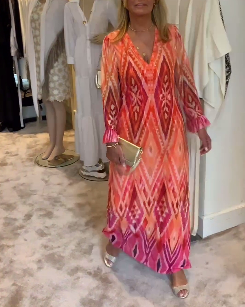 Robe longue élégante avec motif géométrique rétro