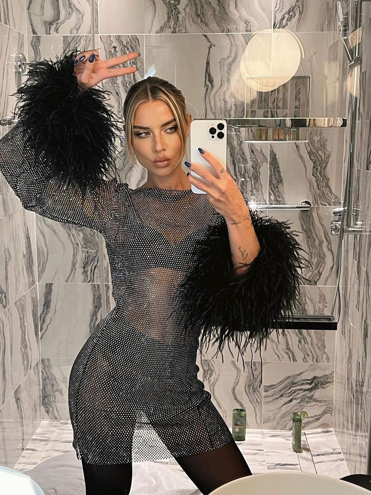 Robe de fête transparente avec plumes et coupe élégante