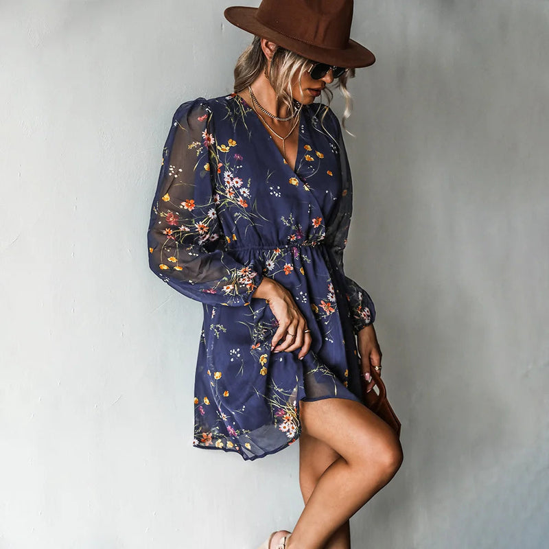 Robe Fleurie Courte à Manches Longues