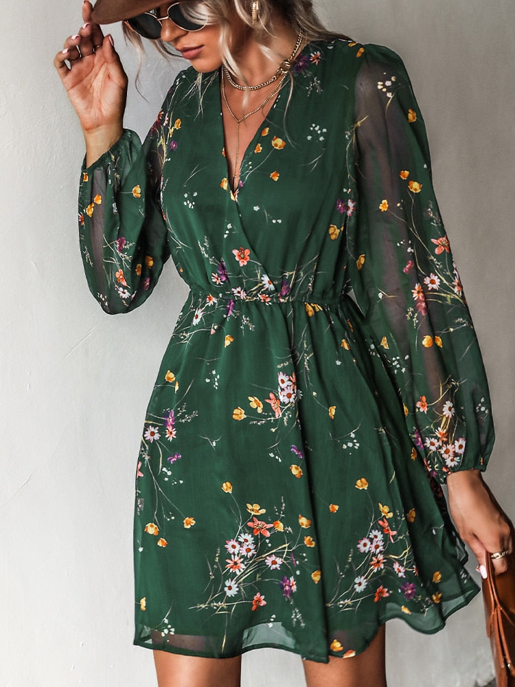 Robe Fleurie Courte à Manches Longues