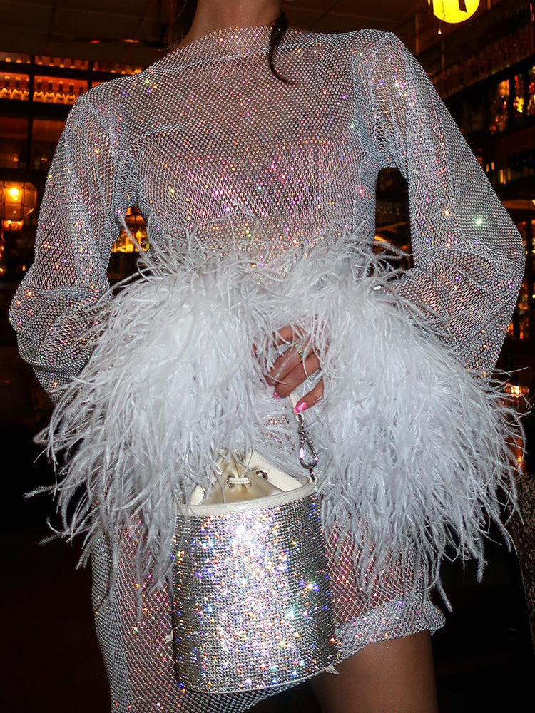 Robe de fête transparente avec plumes et coupe élégante