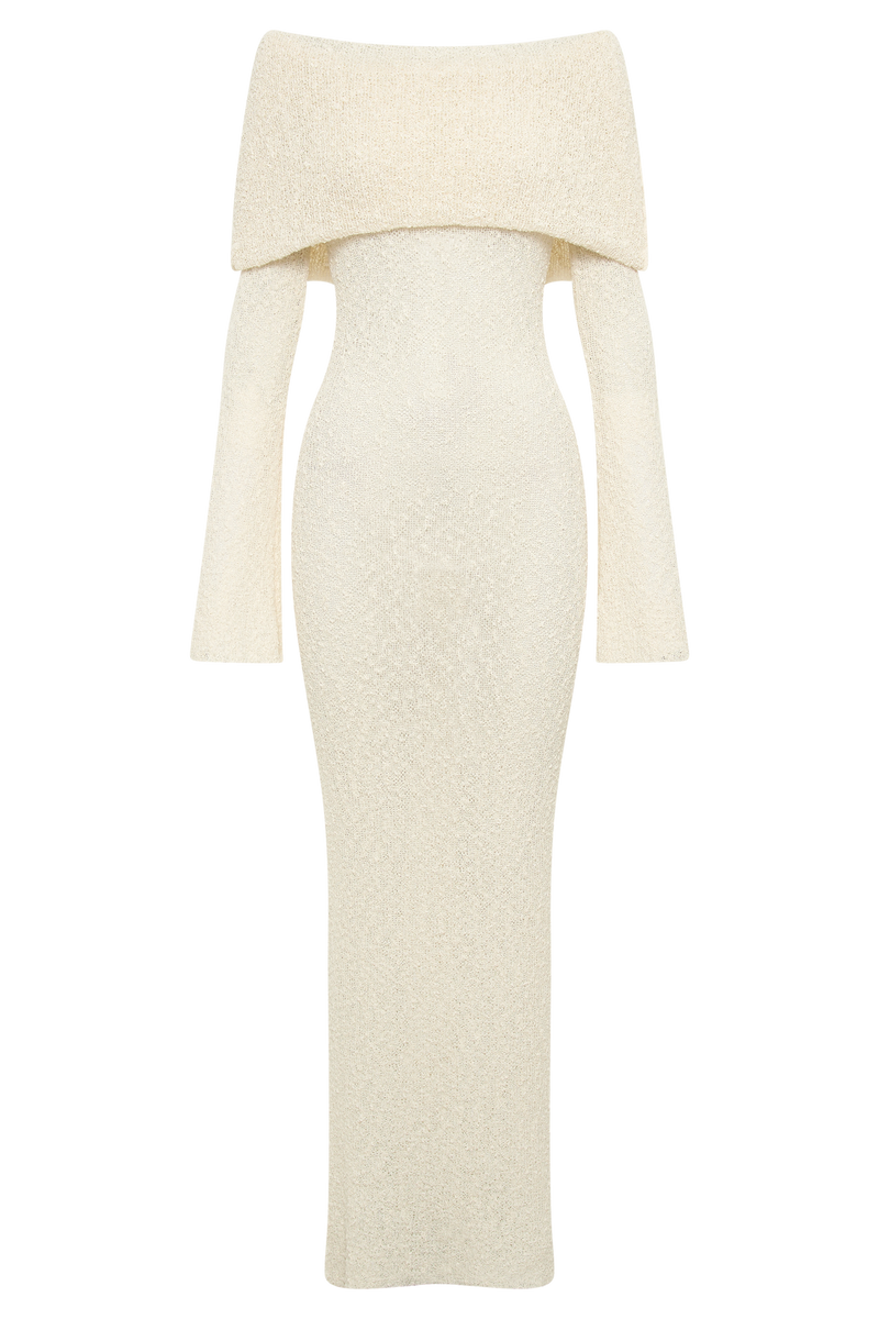 Robe Maxi Bouclé Épaule Dénudée Élégante et Confortable