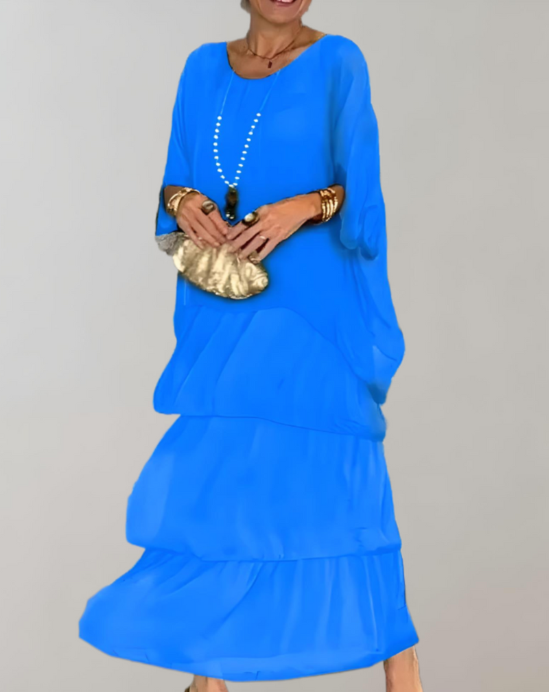Maxi-robe Élégante avec Manches 3/4 et Col Rond