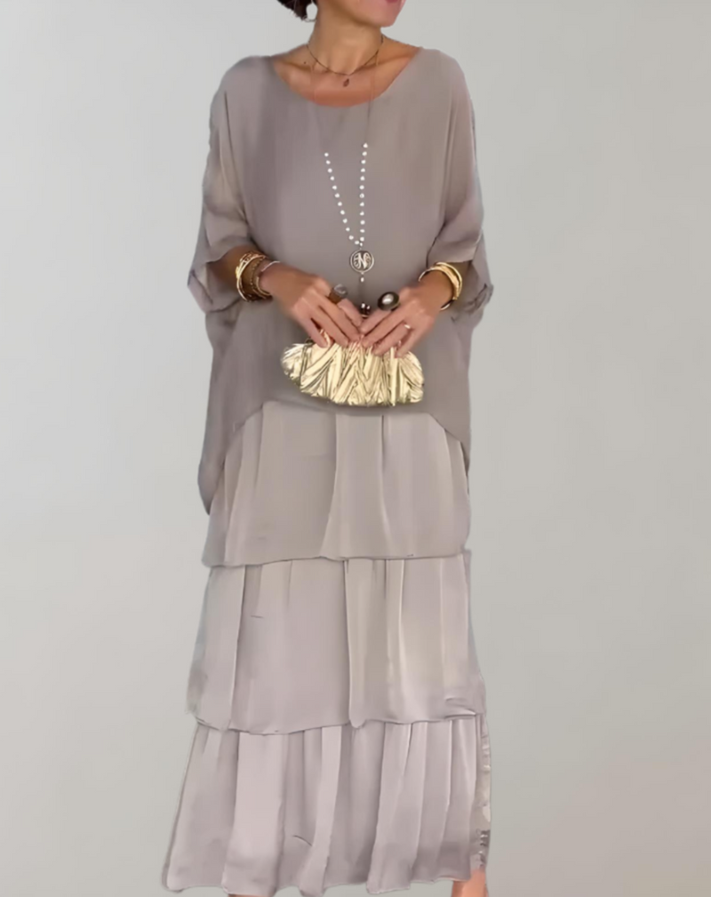 Maxi-robe Élégante avec Manches 3/4 et Col Rond
