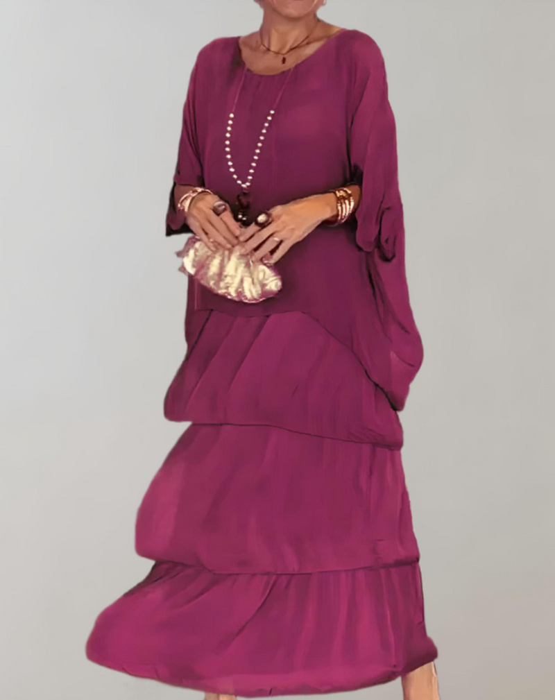 Maxi-robe Élégante avec Manches 3/4 et Col Rond