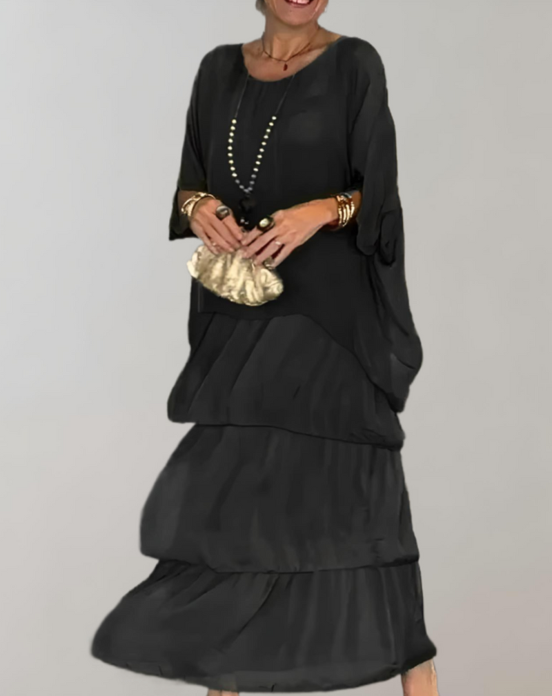 Maxi-robe Élégante avec Manches 3/4 et Col Rond