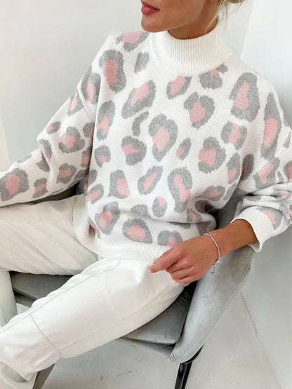 Pull col roulé épais avec motif léopard, chaud et tendance