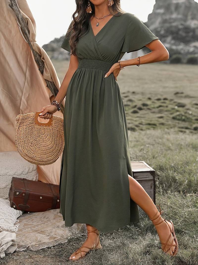 Robe longue bohème élégante à col en V – Chic et confort pour toutes les occasions