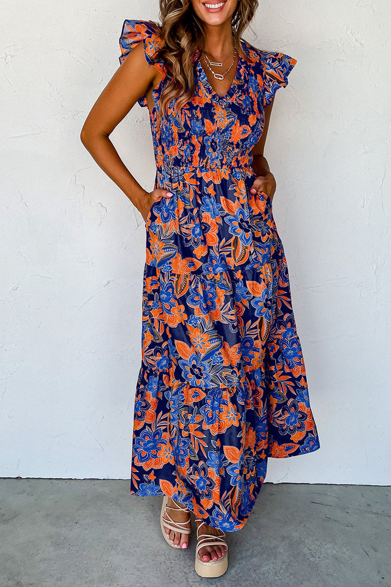 Robe fleurie à col en V et volants élégante