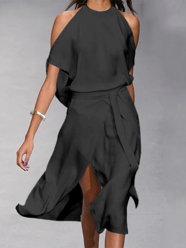 Élégante robe midi à épaules dénudées pour un look estival décontracté