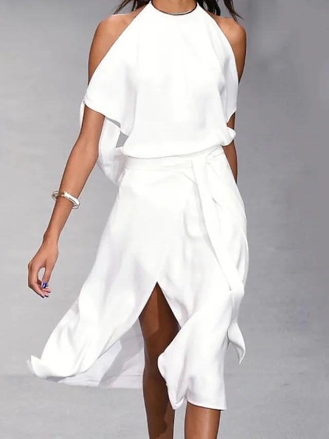 Élégante robe midi à épaules dénudées pour un look estival décontracté