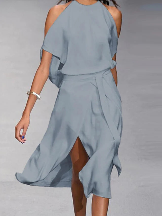 Élégante robe midi à épaules dénudées pour un look estival décontracté