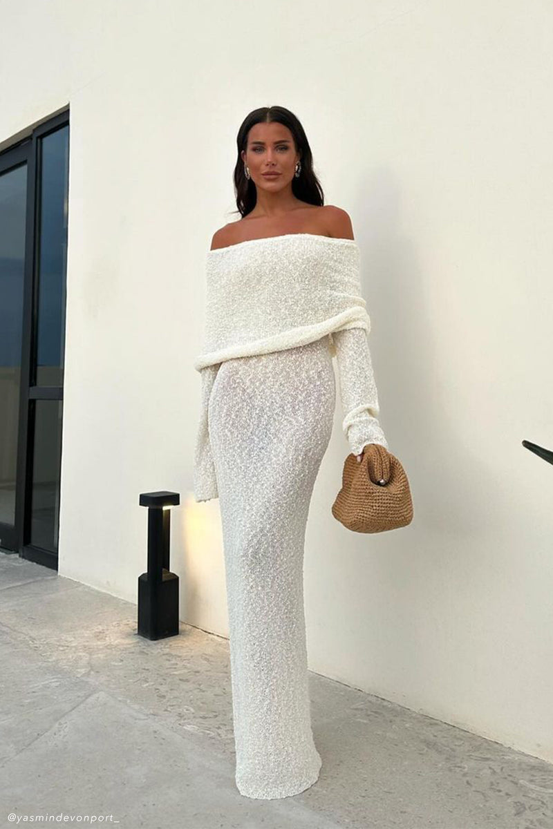 Robe Maxi Bouclé Épaule Dénudée Élégante et Confortable